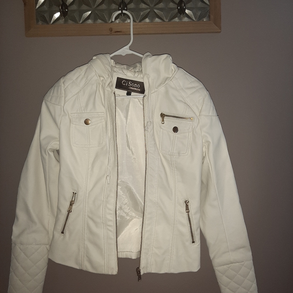 Juniors hooded faux leather jacket